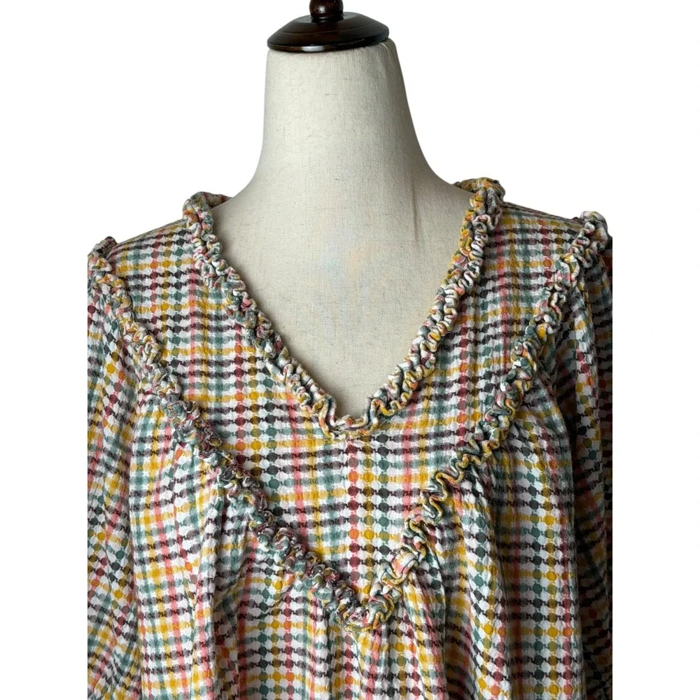 Old Navy Ruffle Dobby Gingham Top Women Medium White Cotton Puff Sleeve Cotton